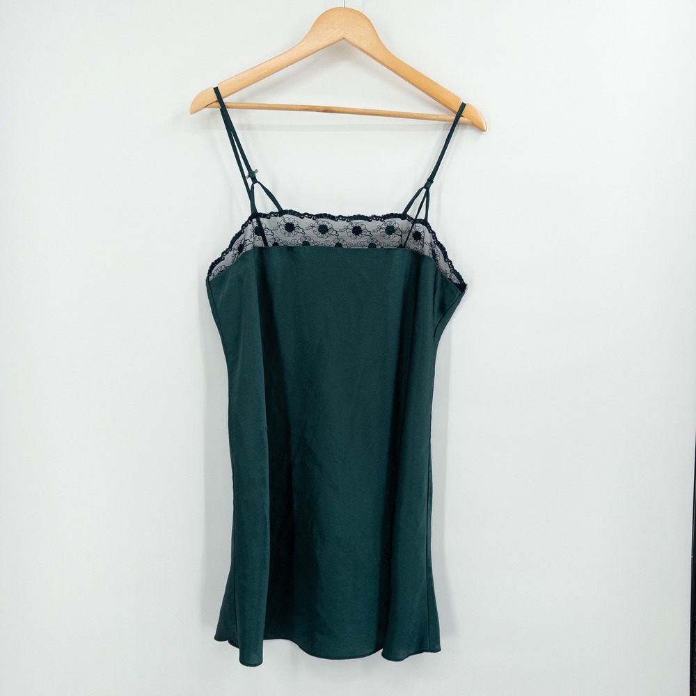 Vintage 90s Green Satin Slip Dress L Forest‎ Fairy Grunge Moody Floral Lace Dark